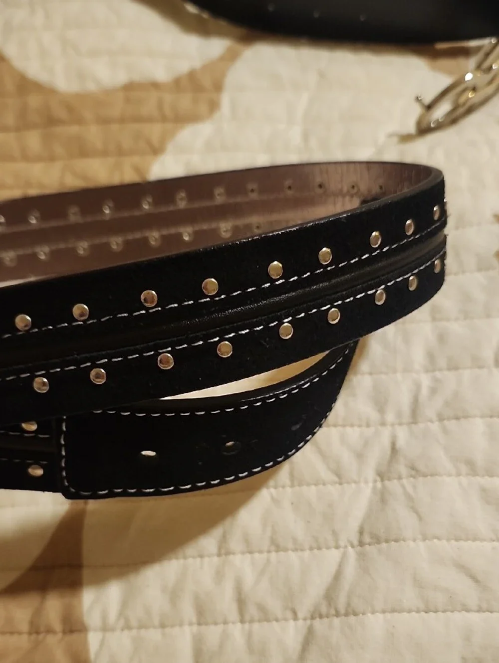 Womens Black Studded Leather Belt with Silver Buckle